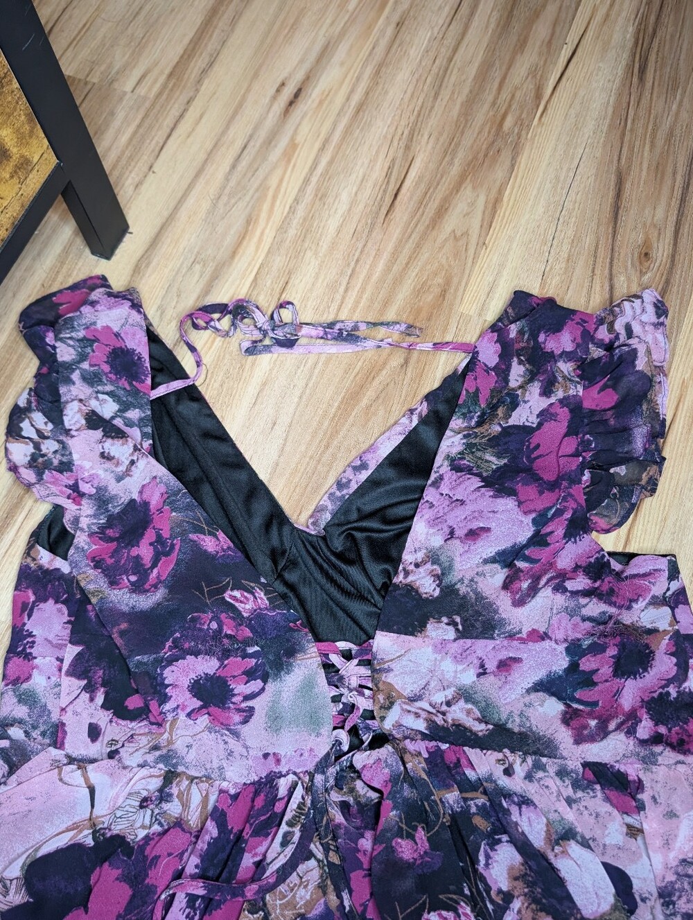 Dark Romantic Floral Maxi-Chiffon, Dress | Open Back Lace-Up | Wedding Guest - Picture 7 of 11